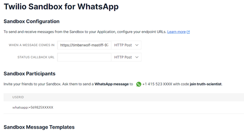 Twilio Sandbox for WhatsApp form with the settings to enable your Twilio Phone Number.