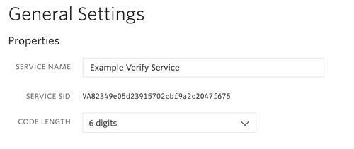 Verify service in the twilio console showing service name, service SID, and code length setting