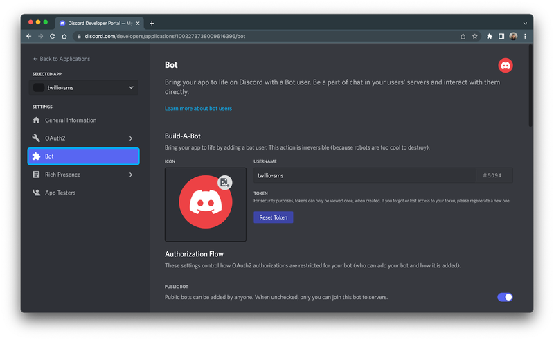 Bot section of the new discord application portal