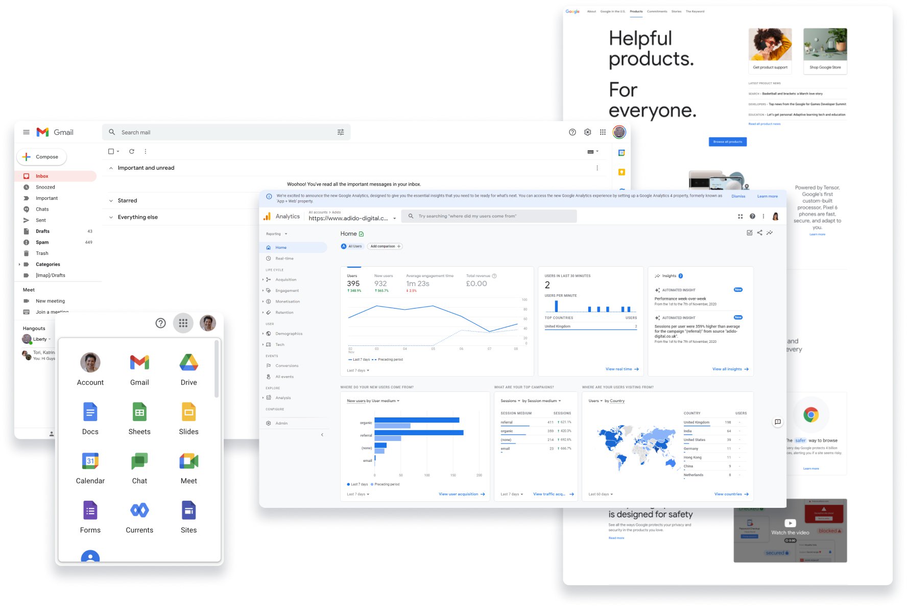A sampling of screenshots from across Google Suite.