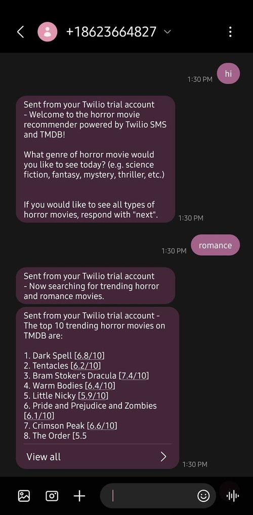Text messages from a Twilio phone number giving horror movie recommendations