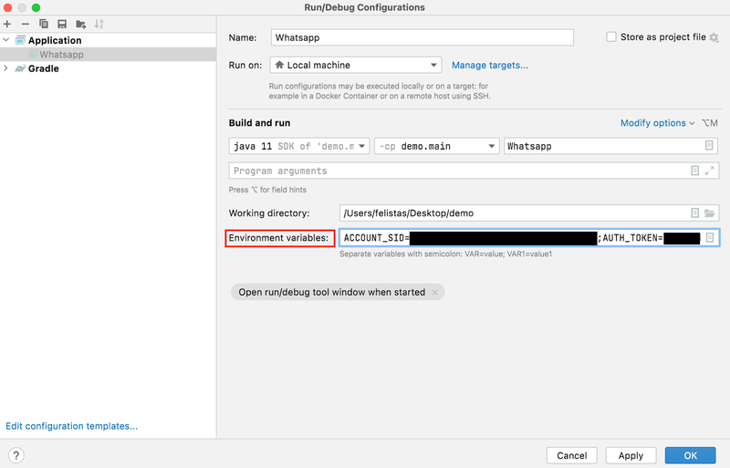 edit configurations to add twilio environment variables