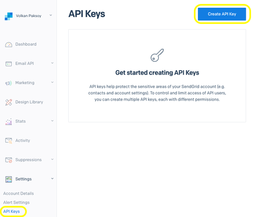 SendGrid API Keys page with a navigation on the left containing a Settings section under which you can find the API Keys link. On the top right is a button to "Create API Key"
