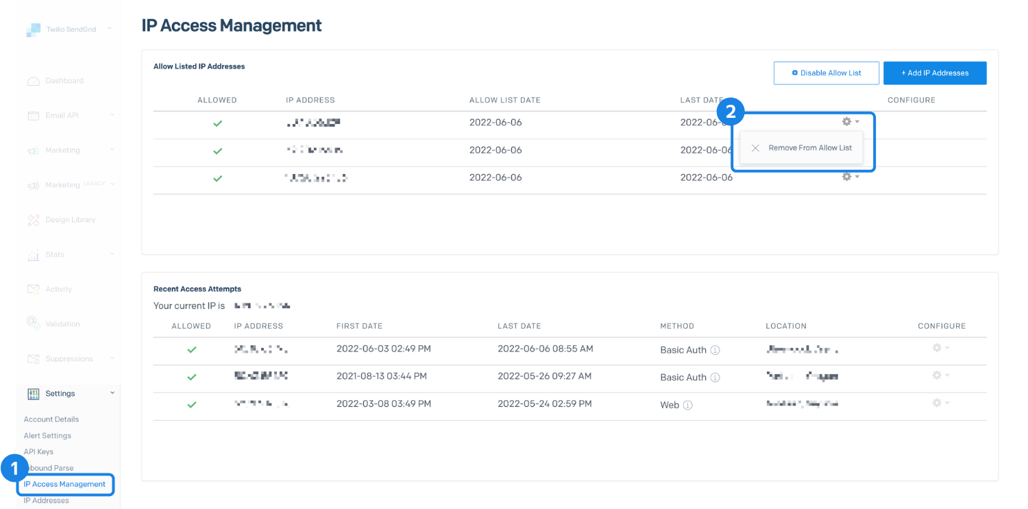 Remove a single address from your IP Access Management allow list