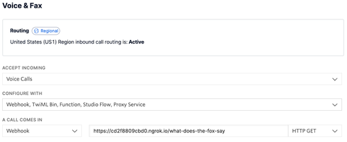 Voice & Fax section in the Twilio Phone Number configuration page. Under the "A CALL COMES IN" label, a dropdown is set to "Webhook", the text field next to it is configured with "https://cd2f8809cbd0.ngrok.io/what-does-the-fox-say", and the dropdown next to that is set to "HTTP GET".