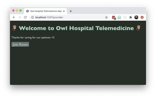 Captura de tela de um aplicativo do Twilio Video. O texto grande diz 'Bem-vindo ao Owl Hospital Telemedicine'. O texto pequeno diz 'Obrigado por cuidar de nossos pacientes'. Há um botão que diz 'Entrar na sala'. Além disso, ele tem uma paleta de cores verde/marrom.