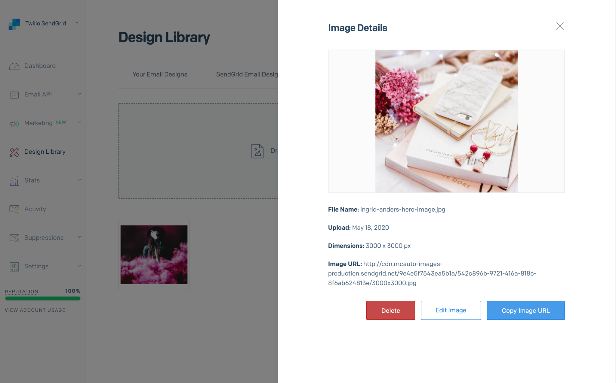 A sidebar modal showing an image's details and allowing you to delete the image, edit the image, or copy the image's URL