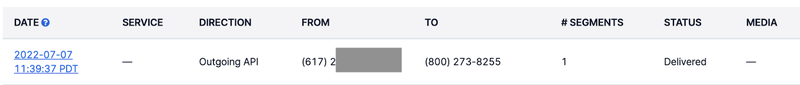 Outgoing API log in the Twilio Console