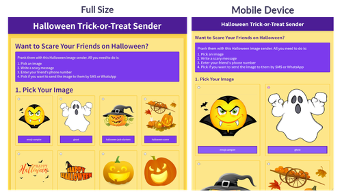 A sample of how the Halloween-themed app looks on the desktop and on a mobile device