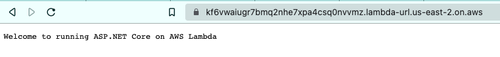 Browser showing the welcome message of the deployed API: Welcome to running ASP.NET Core on AWS Lambda.