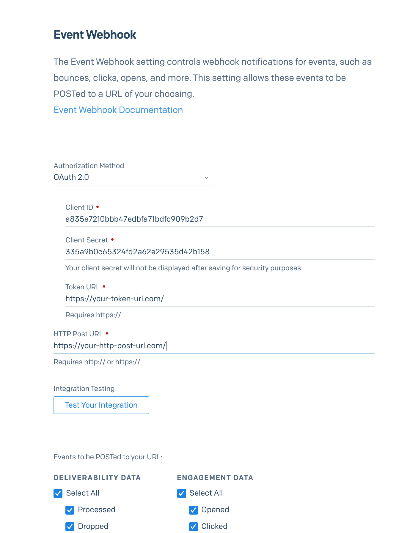 A sidebar modal with all the required fields for enabling OAuth 2.0 for the Event Webhook