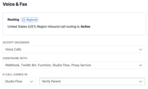 screenshot of twilio phone number console settings with verify parent studio flow selected