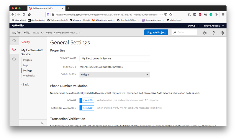 Verify Service setting page - Twilio Console