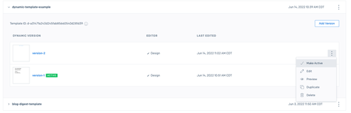 Shows version properties. The button on the right-hand side with three vertical dots is clicked and it shows "Make Active" button in the dropdown list 