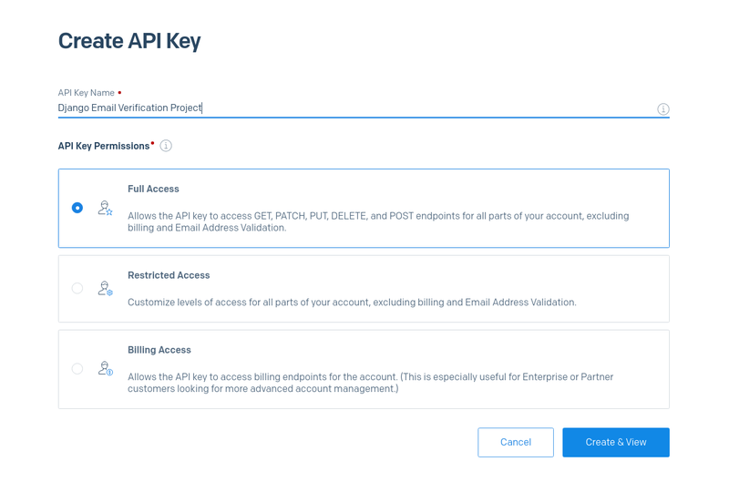 Create API key screen