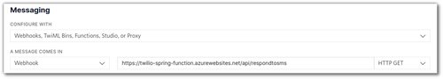 The section of the Twilio console where you choose the webhook URL for incoming SMS.