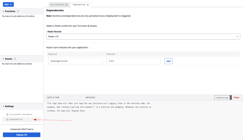 Add dependencies in Twilio Studio