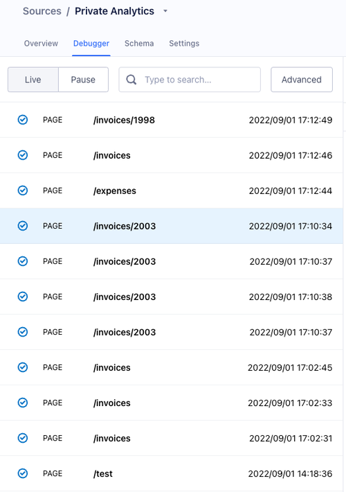 Segment debugger showing page navigation events from React