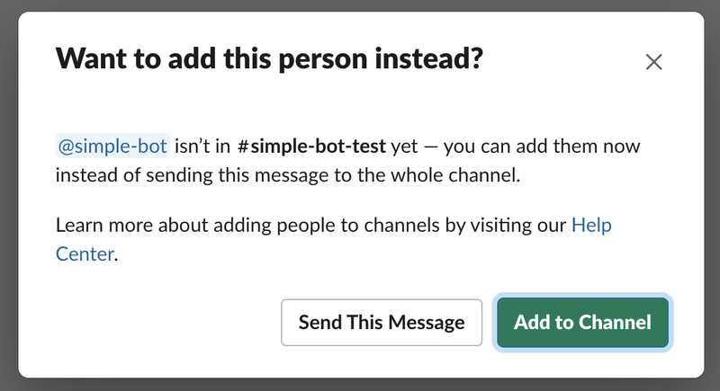 request permissions to add the simple-bot slackbot to the slack channel