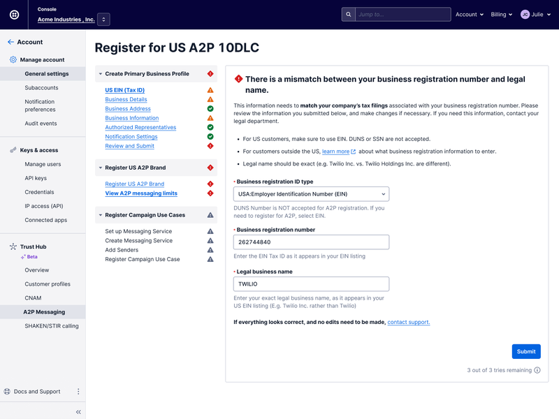 Tax ID Feedback Edit Retry Example
