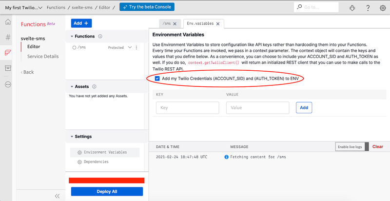 Screenshot showing checked box on environment variables settings screen