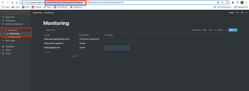 A screenshot of the Notion dahboard