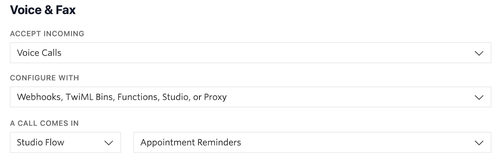 Screenshot of the Twilio phone numbers console Voice section with the Studio flow "Appointment Reminders" selected
