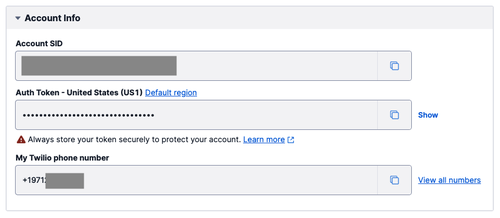 Twilio credentials in the Console