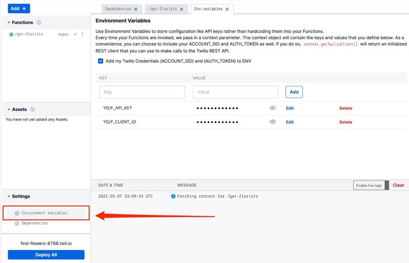 The Twilio Functions console with a red arrow pointing to the Environment Variables section the lower left hand corner of the screen