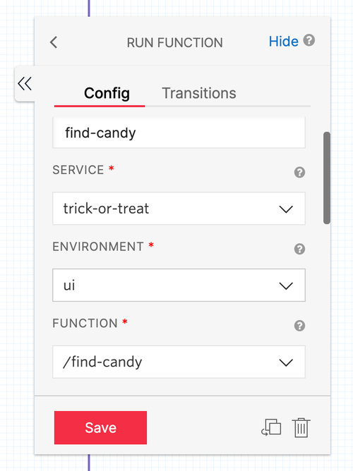 Screenshot of run function widget configuration panel with details about function that will be running
