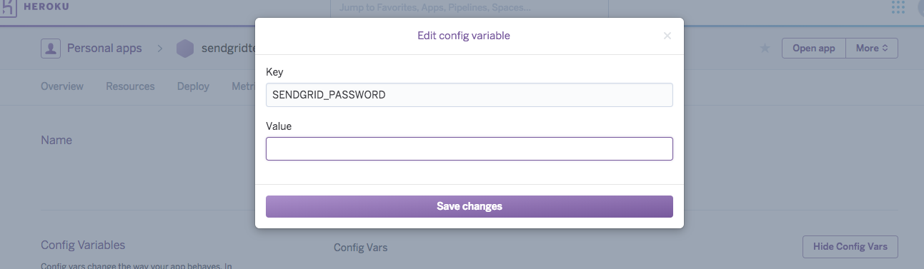 Heroku Edit Config Variable Screenshot.